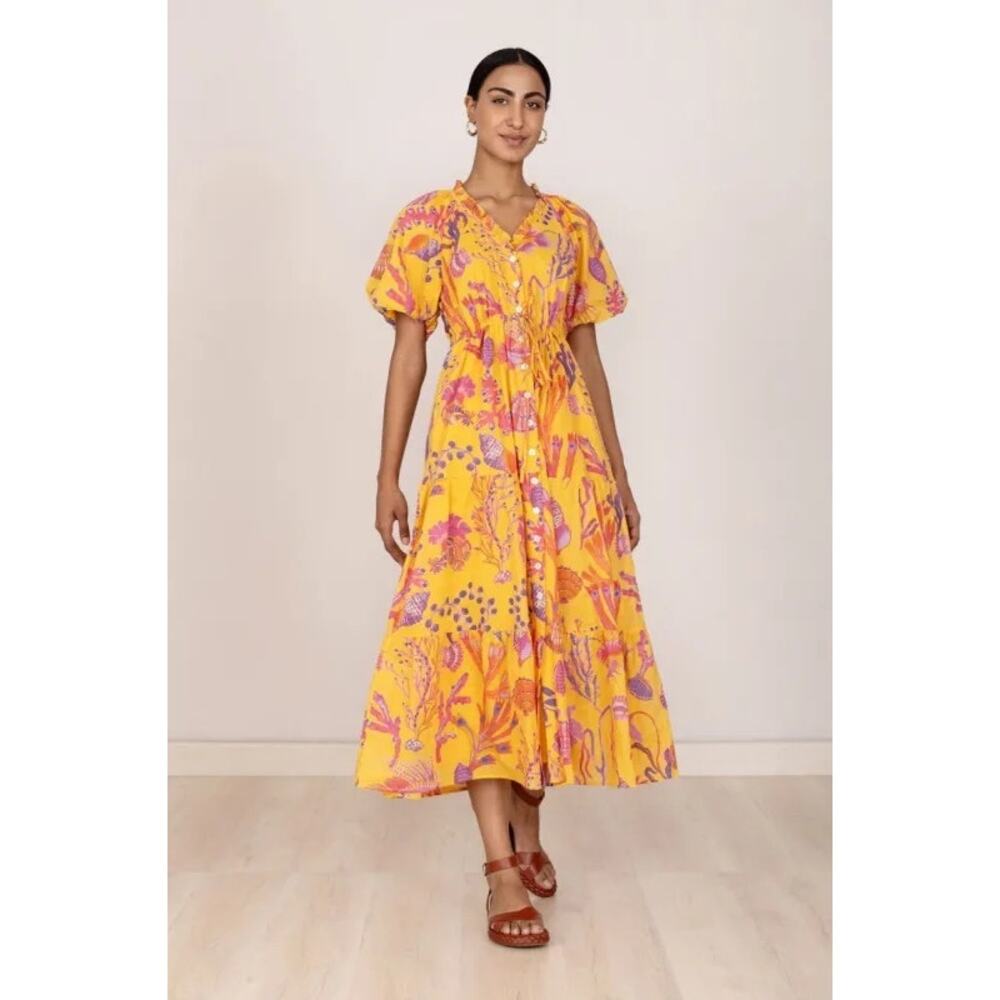 Banjanan POPPY Midi Dress Marine Golden Floral Puff Sleeves Cotton Boho S